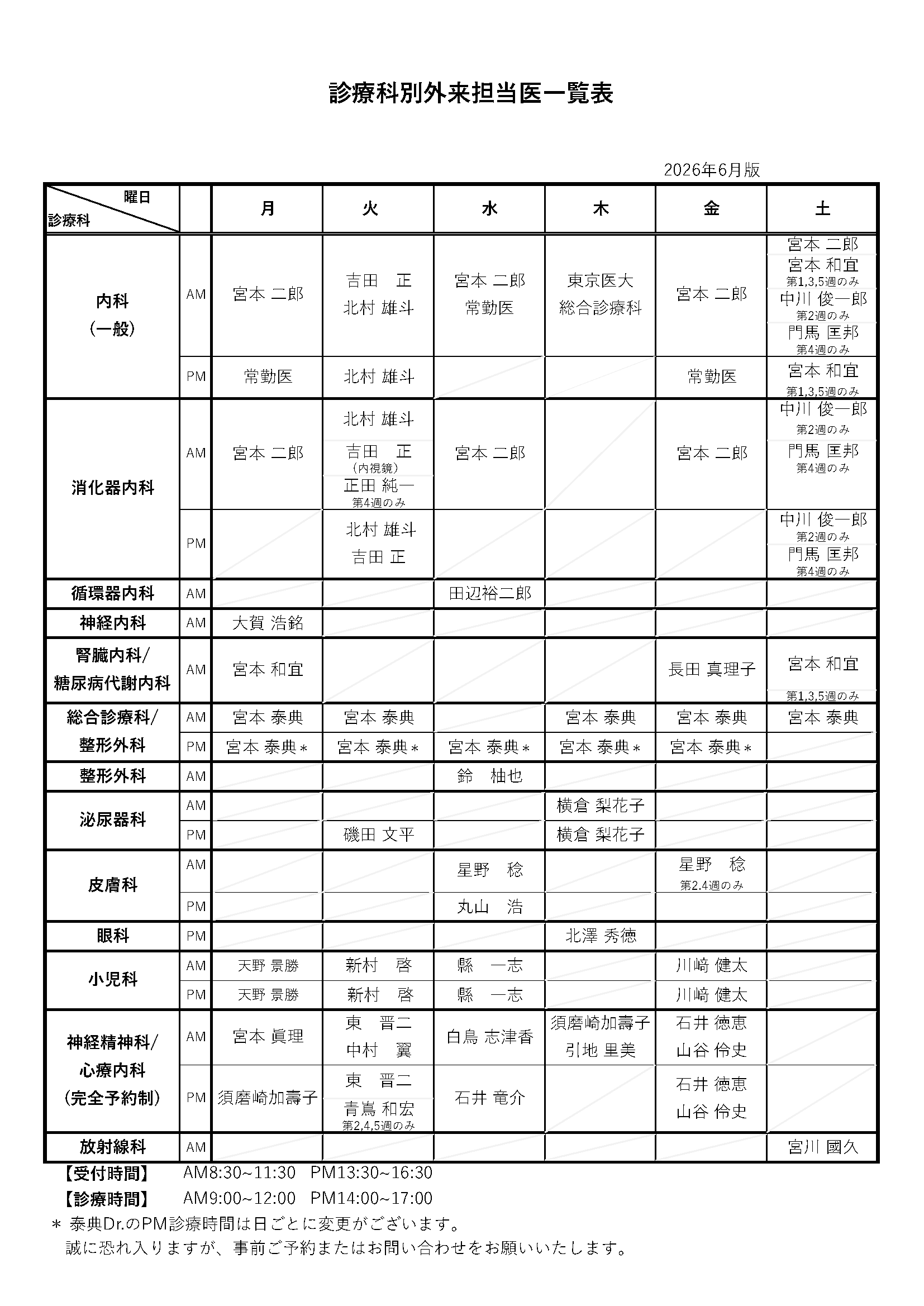 2026年06月 外来担当医表
